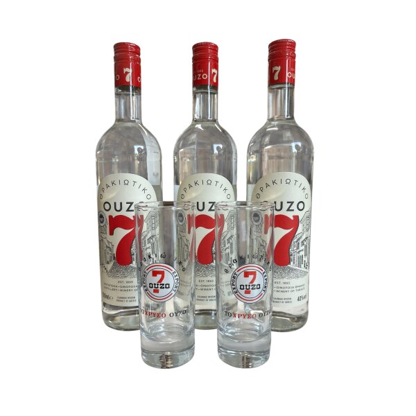 Ouzo 7 (3 x700 ml) 40% + 2 Gläser